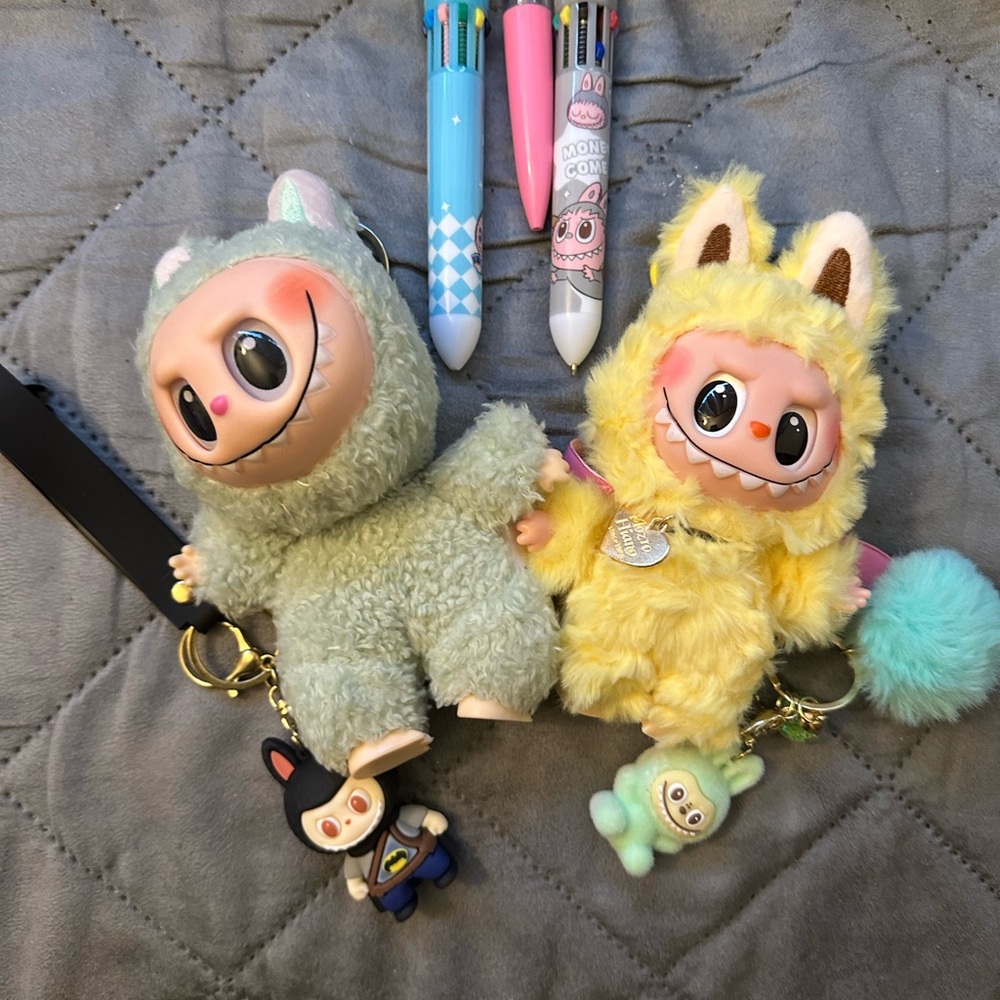 Fuzzy Monster Plush Keychains - Yellow and Mint
